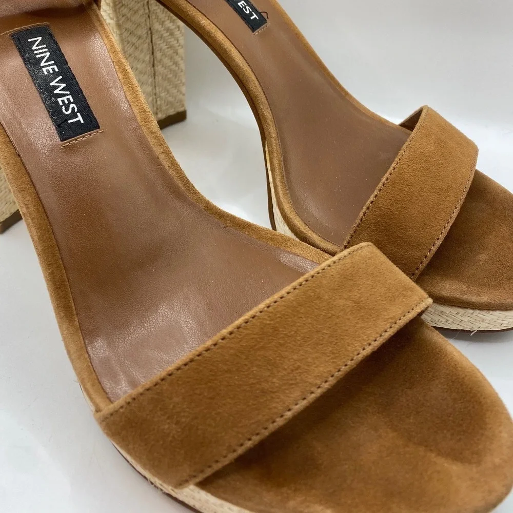 Nine West Womens Tan Suede Raffia Block Heel Platform Sandals Size‎ 8M Brown